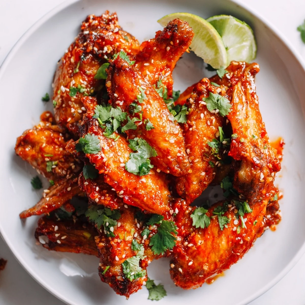 Golden-brown crispy baked chicken wings coated in a spicy Sriracha sauce, garnished with fresh cilantro and lime wedges.
