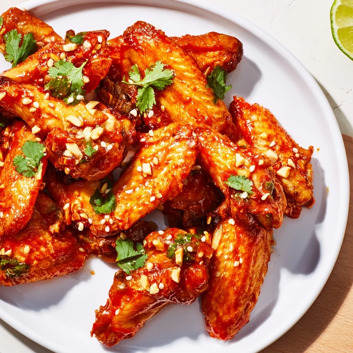 Platter of baked Sriracha chicken wings with a spicy glaze, alongside fresh lime wedges for a zesty finish.