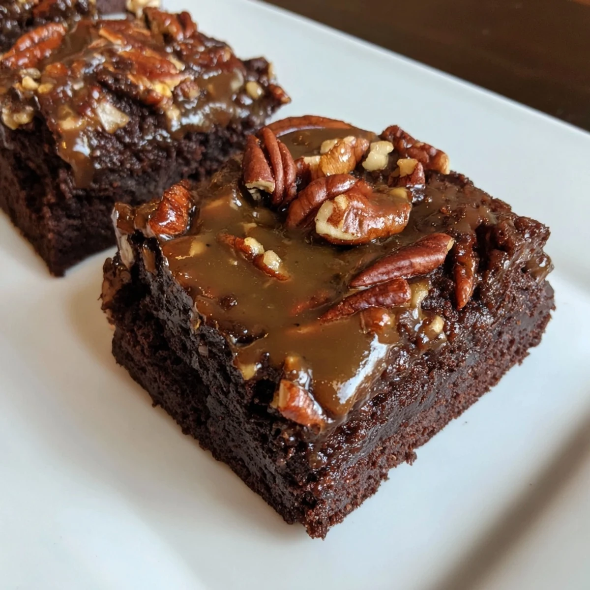 A close-up of New Orleans Praline Brownies with chopped pecans glistening in a buttery brown sugar sauce.