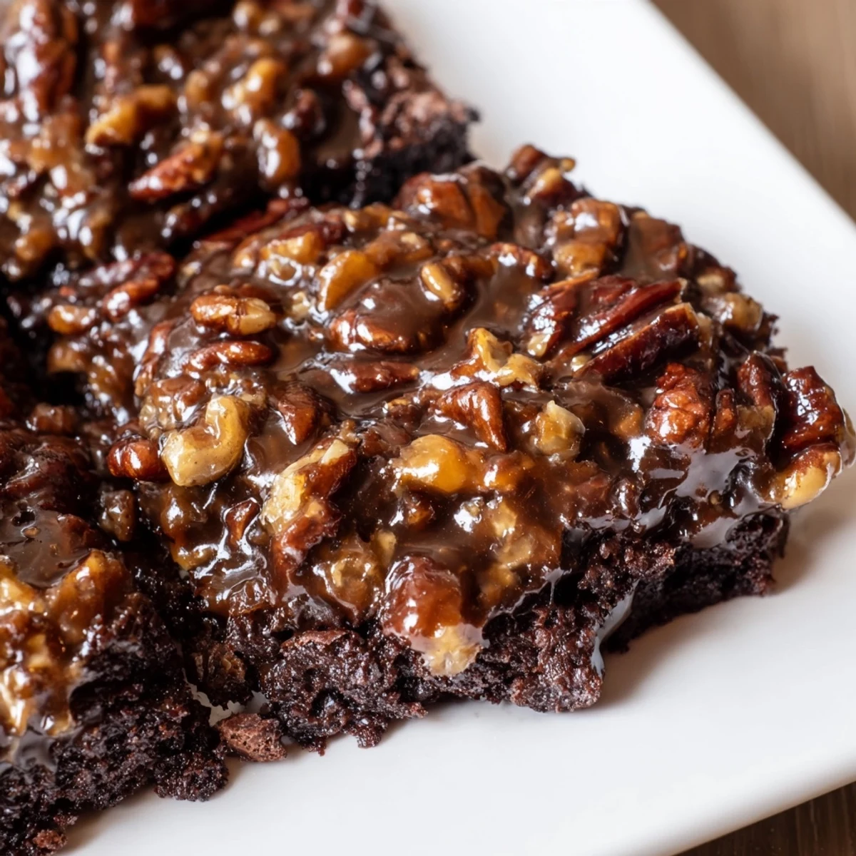 Golden-brown New Orleans Praline Brownies with pecans stacked on a wooden board, showing a gooey glaze and fudgy texture.