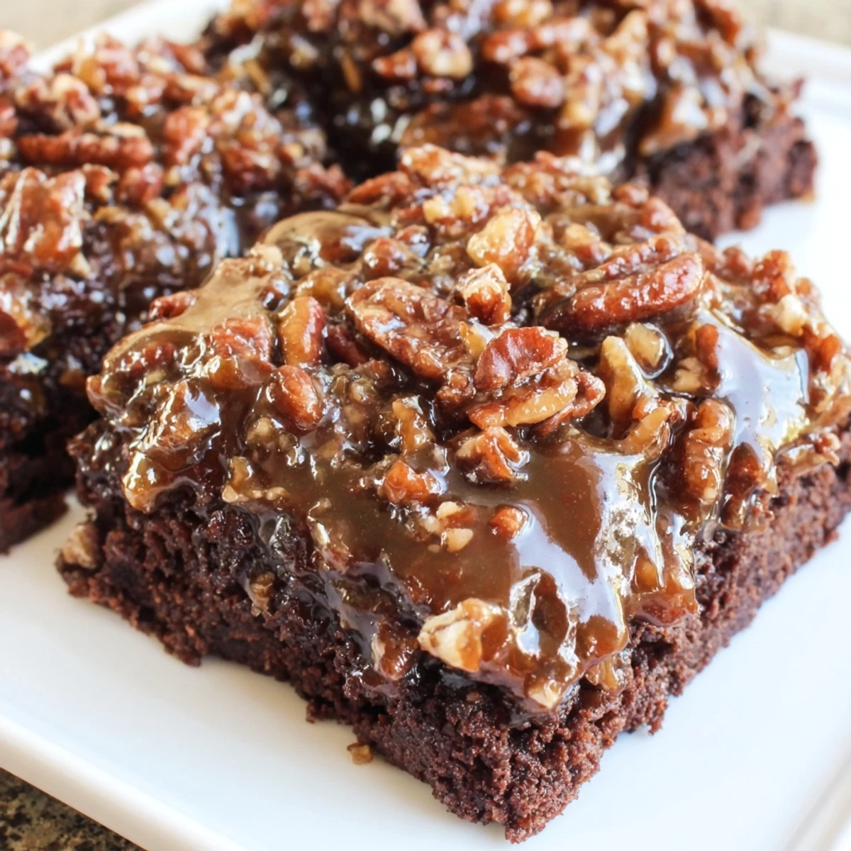 Cooling New Orleans Praline Brownies on a wire rack, ready to be cut into squares for serving.