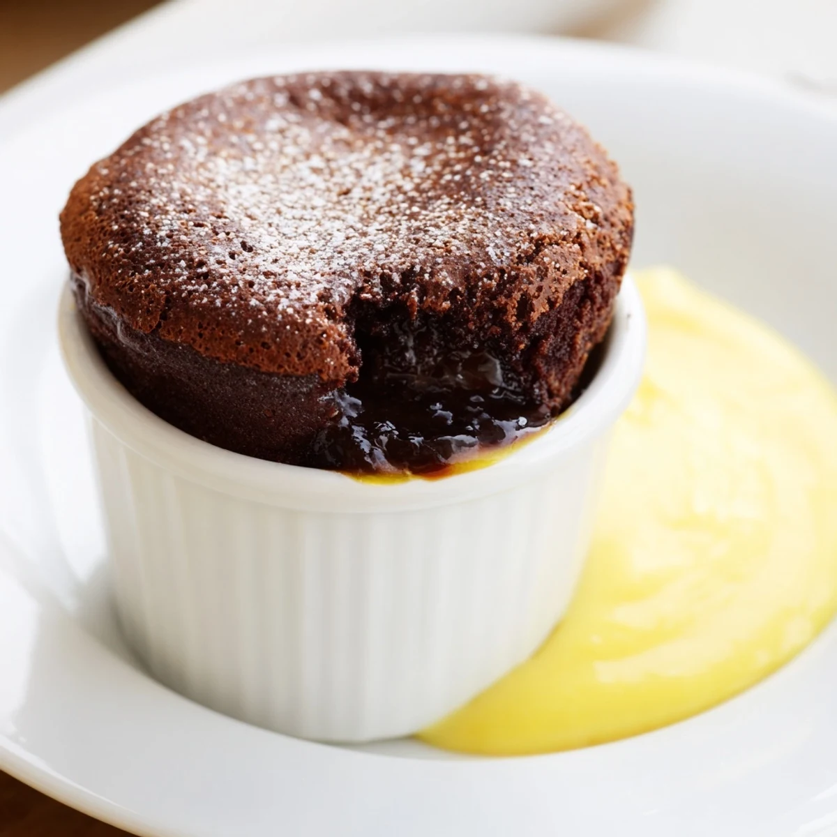 Golden, freshly baked Chocolate Soufflé with Crème Anglaise in a ramekin, rising high with a soft, airy center.  