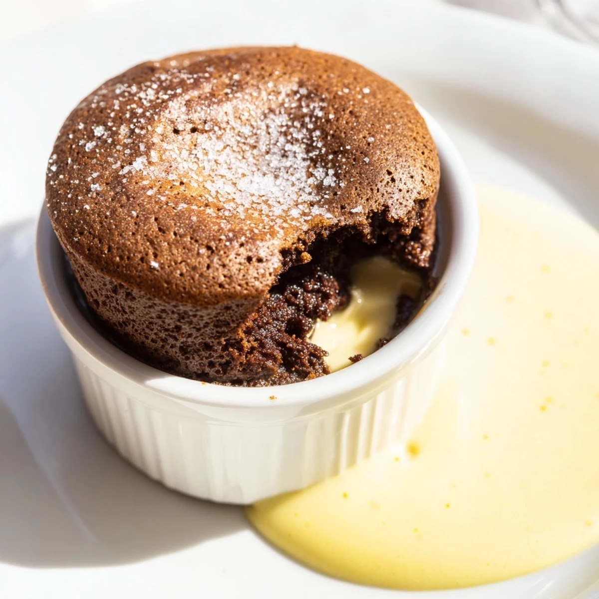 A single, elegant ramekin of Chocolate Soufflé with Crème Anglaise, dusted with powdered sugar for a classic French dessert.  