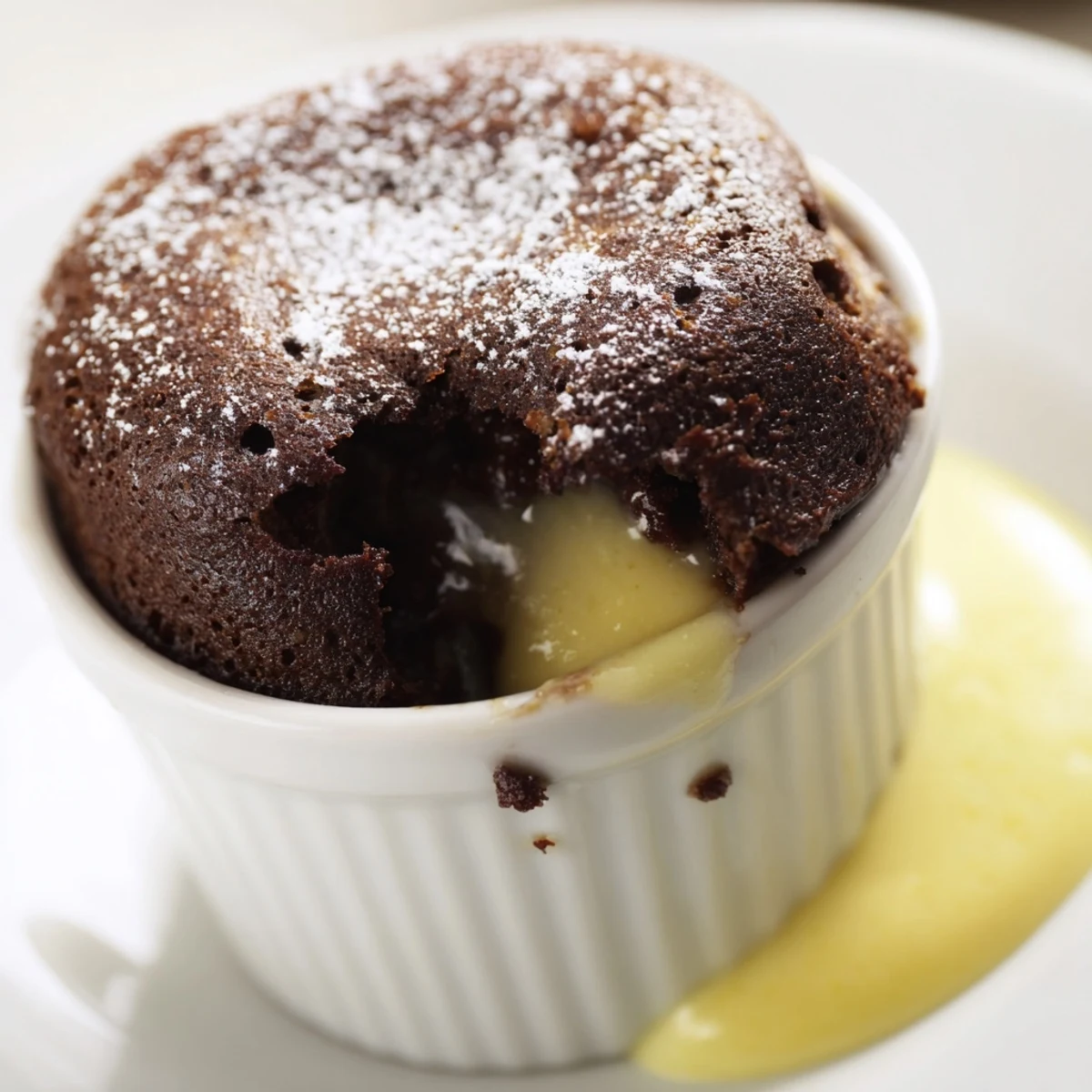 Molten Chocolate Soufflé with Crème Anglaise served on a plate, with a drizzle of vanilla sauce and fresh berries.