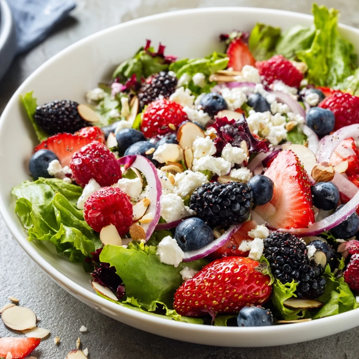 A vibrant Berry Salad with Poppy Seed Dressing in a white bowl, featuring mixed greens, sliced strawberries, blueberries, and crumbled feta cheese.