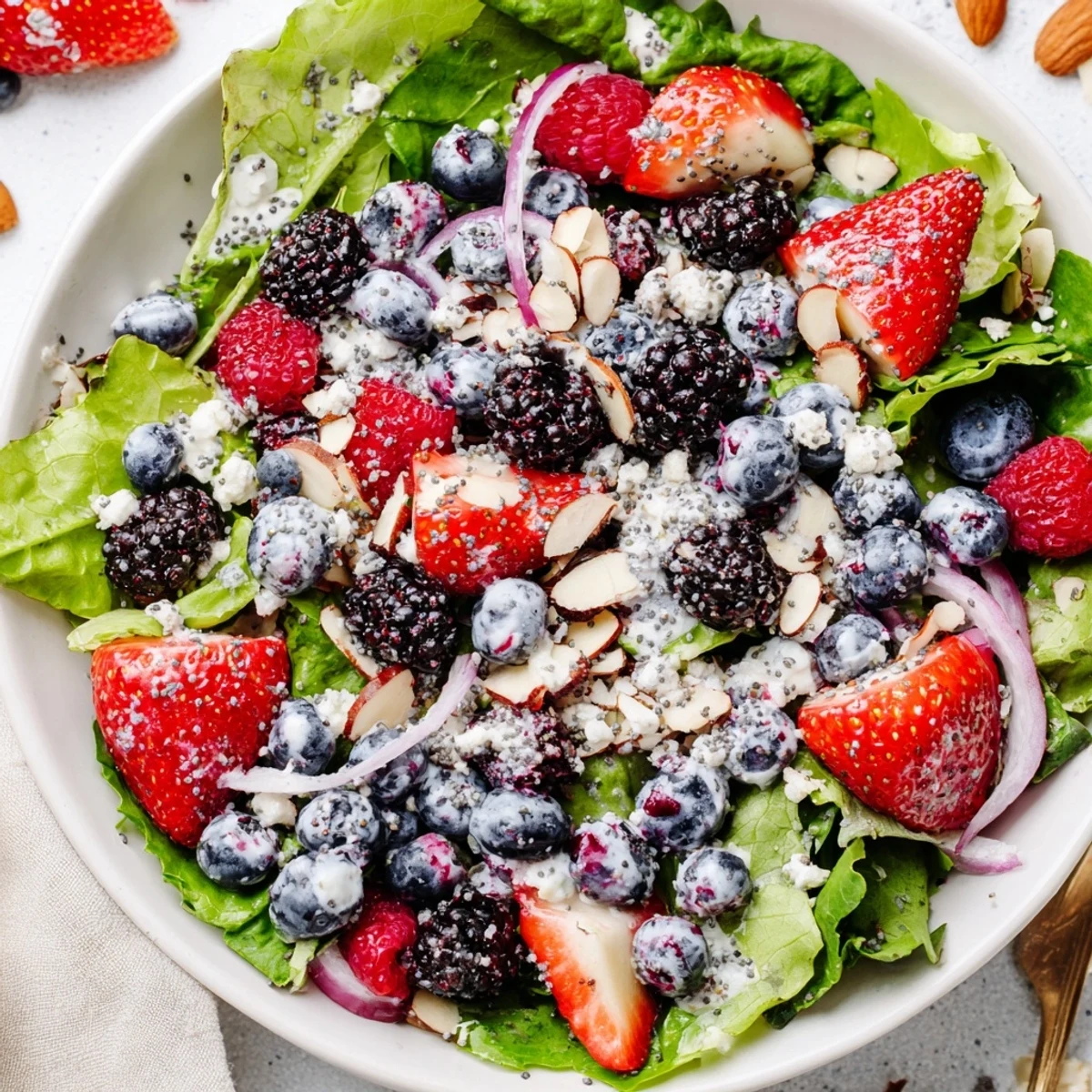 Freshly tossed Berry Salad with Poppy Seed Dressing, drizzled with creamy dressing and ready for a light summer lunch or dinner.