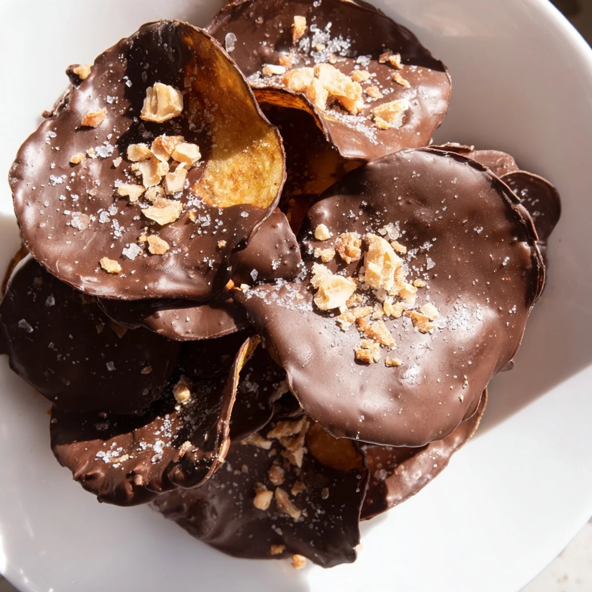 Crunchy kettle-cooked chips coated in rich semi-sweet chocolate, topped with chopped toasted almonds for a sweet and salty snack.