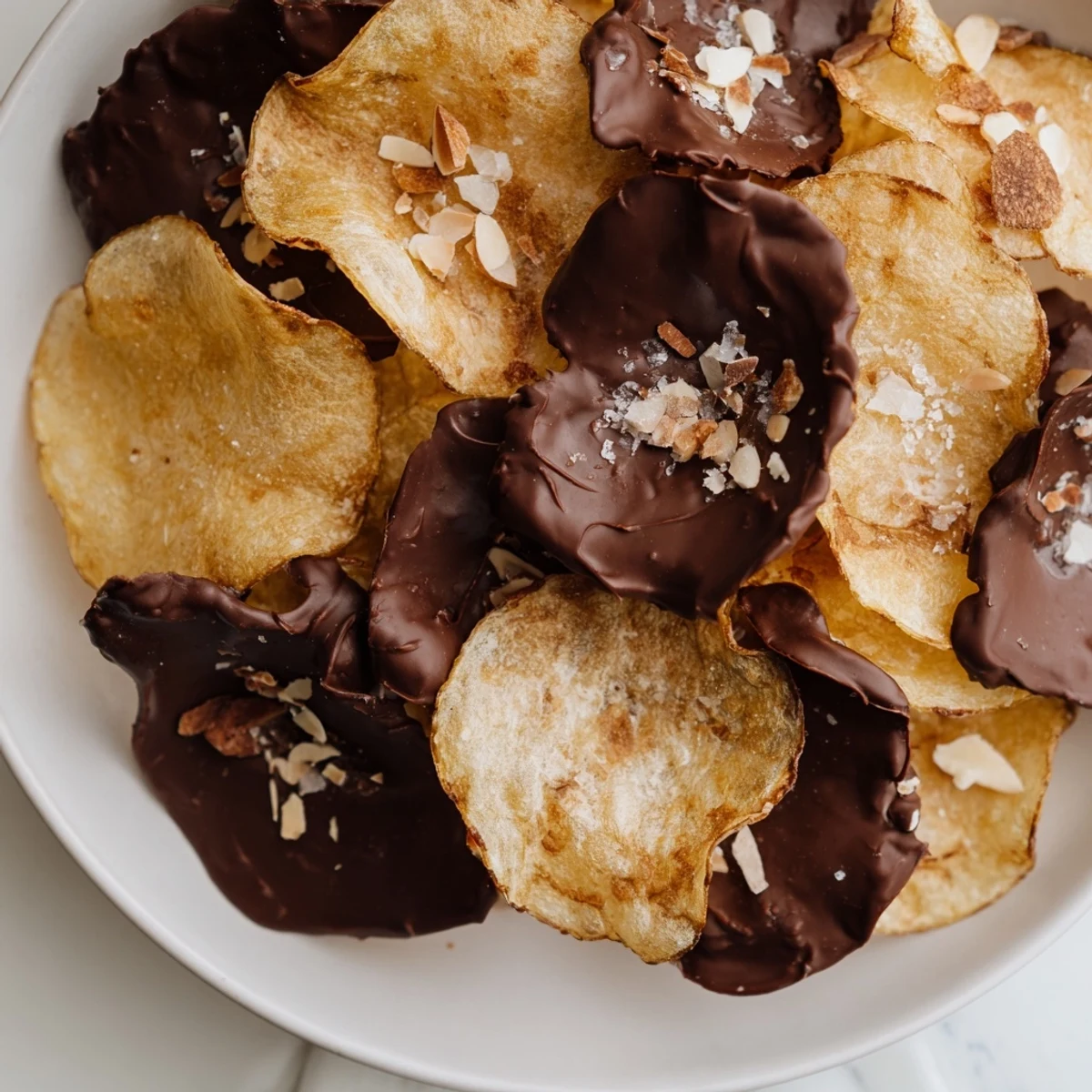 Golden-brown potato chips half-dipped in glossy melted dark chocolate, sprinkled with flaky sea salt on a rustic wooden board.