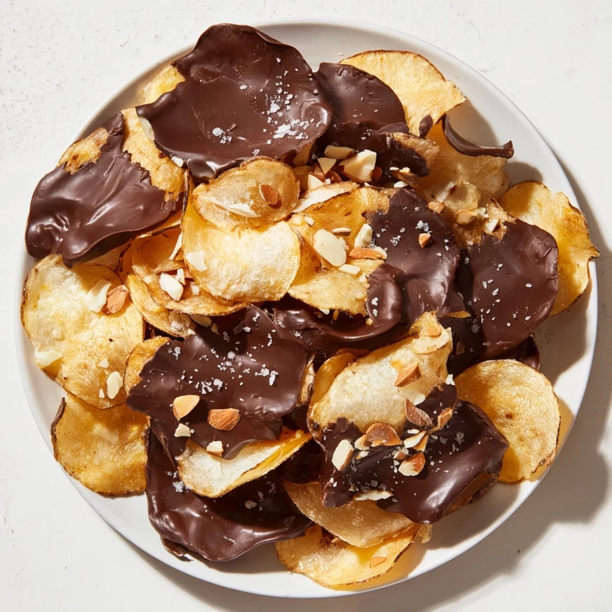 Freshly set chocolate covered potato chips glistening on parchment paper, served alongside a glass of dessert wine for an indulgent treat.