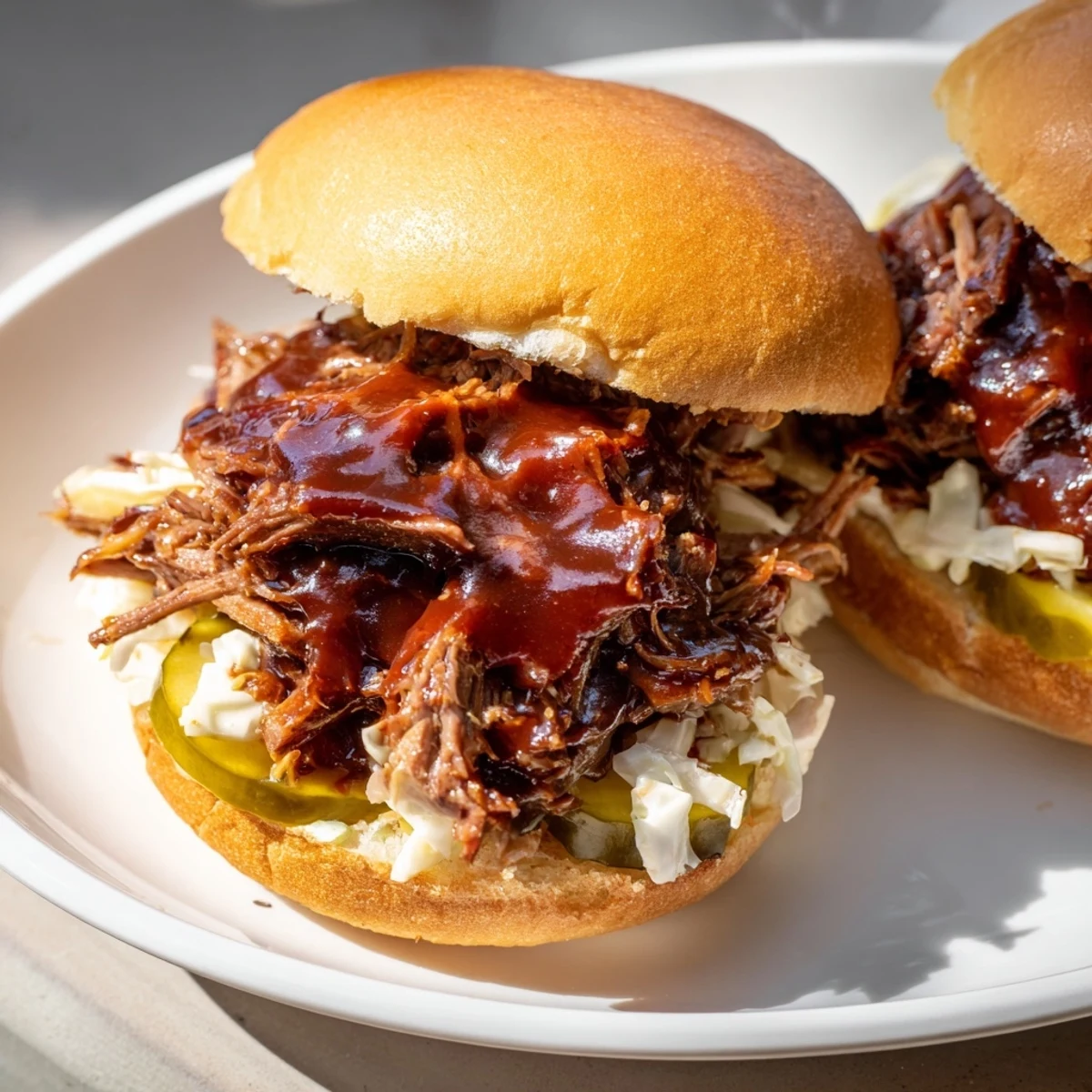 Close-up of tender shredded beef brisket sliders topped with coleslaw and pickles, ready to serve at a casual backyard barbecue.