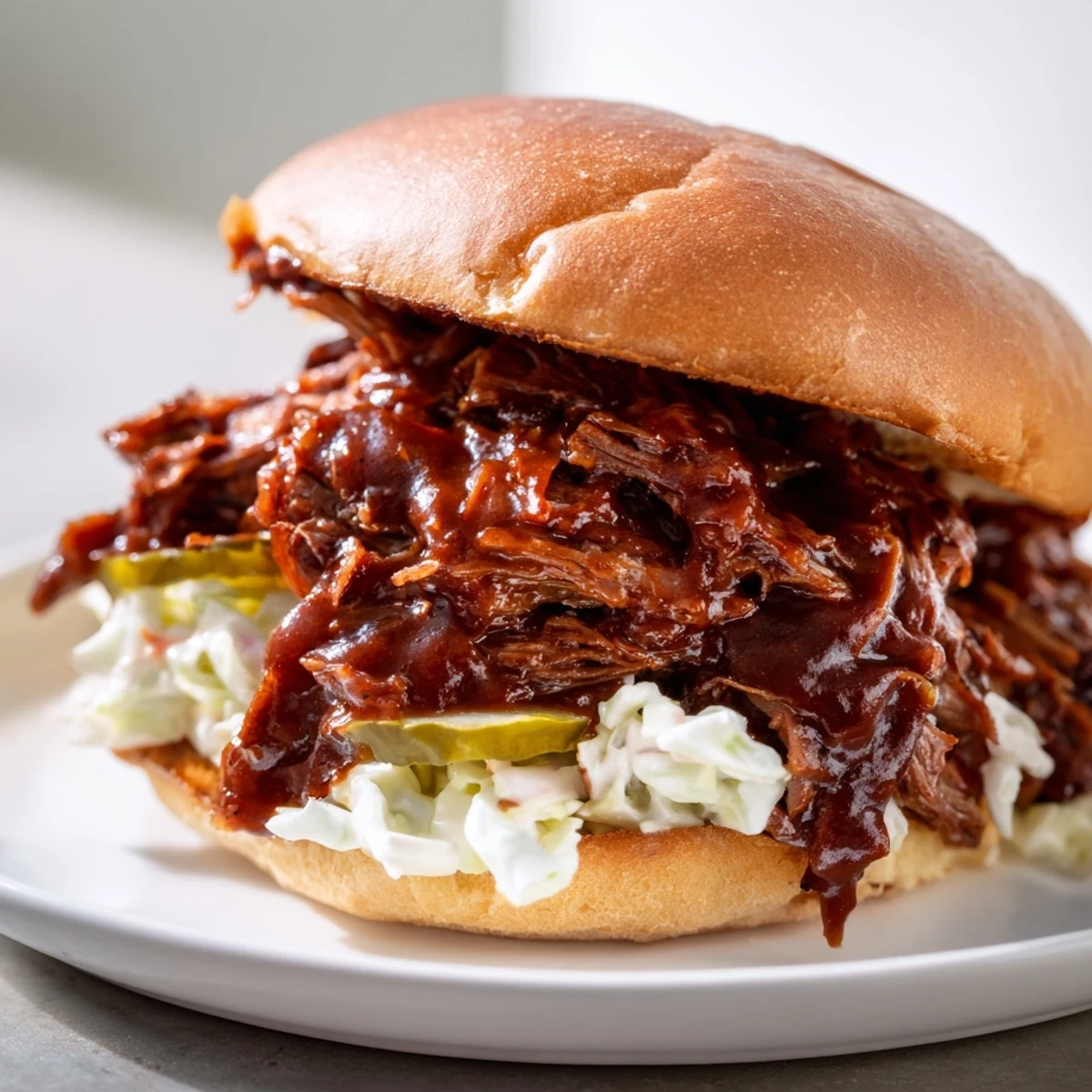 Golden-brown, slow-cooked beef brisket piled high on toasted slider buns, dripping with tangy homemade BBQ sauce for a juicy bite.