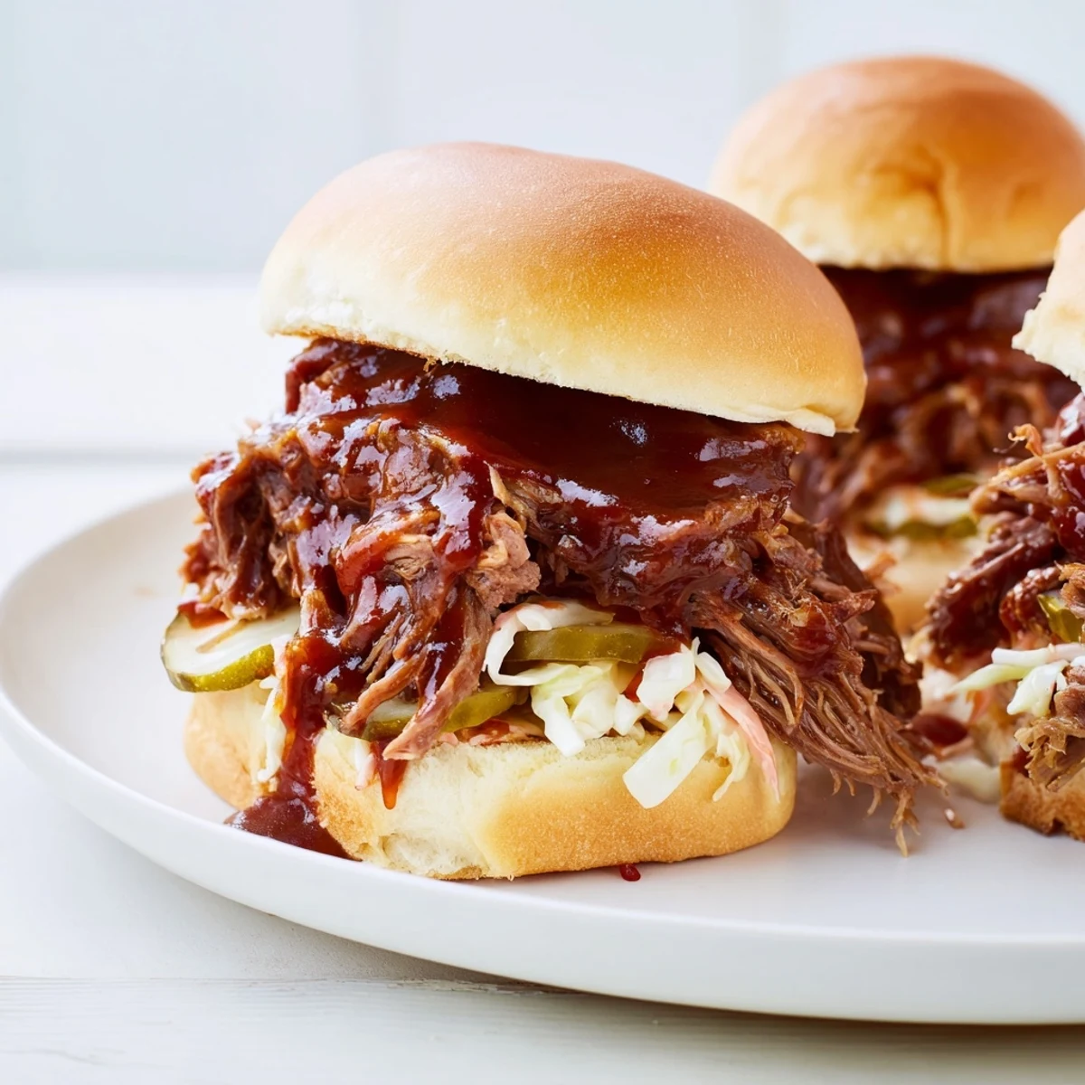 Hearty Beef Brisket Sliders on soft buns, glistening with smoky BBQ sauce and fresh toppings, perfect for a crowd-pleasing party spread.