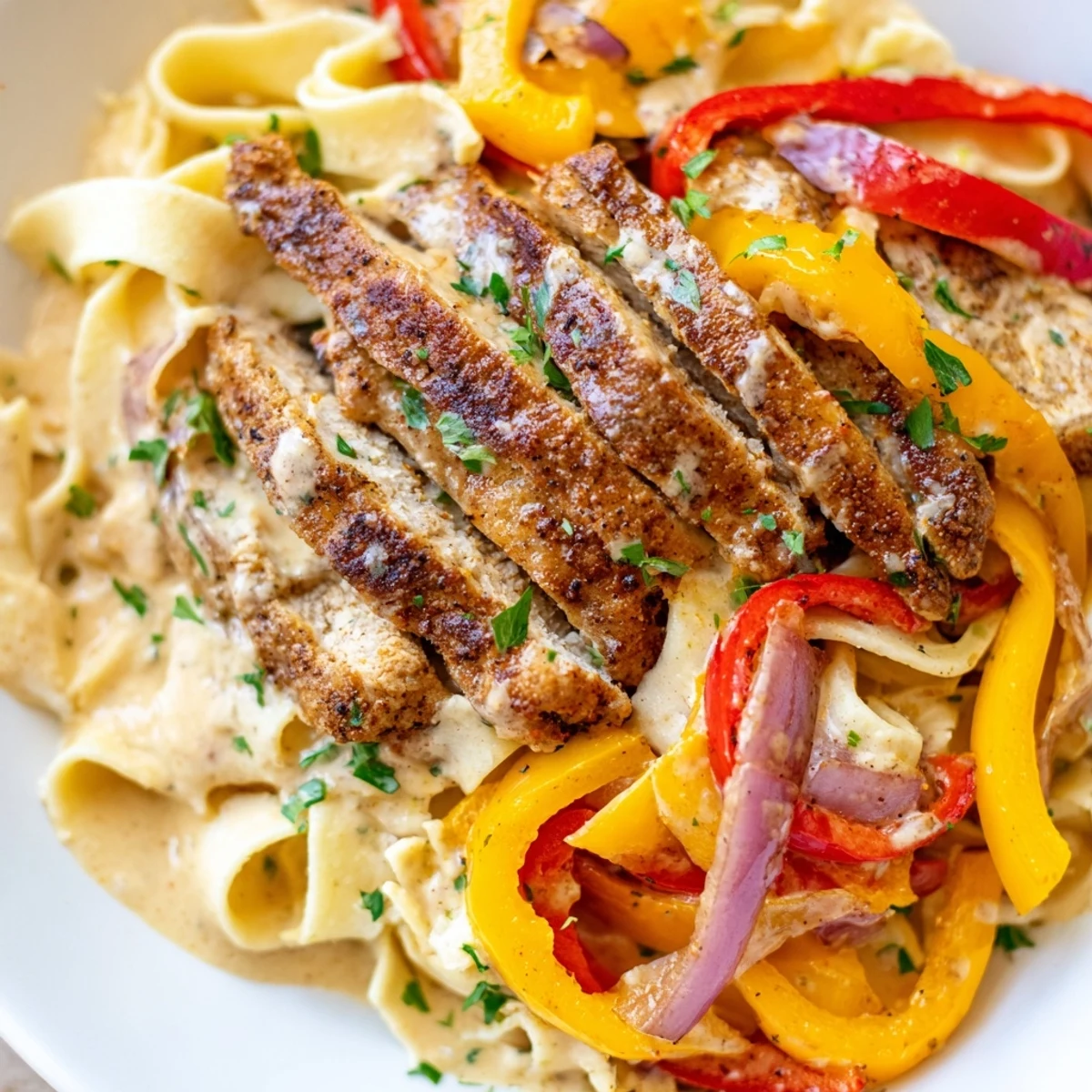Creamy Cajun Chicken Pasta with tender sliced chicken, sautéed bell peppers, and fettuccine tossed in a rich Parmesan sauce.