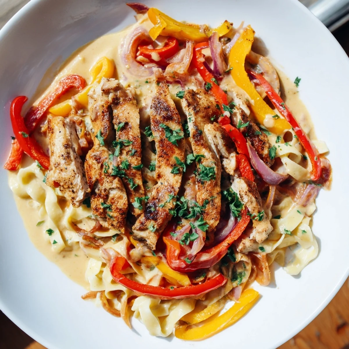 A skillet of Cajun Chicken Pasta garnished with fresh parsley and extra Parmesan, ready to serve for a flavorful dinner.