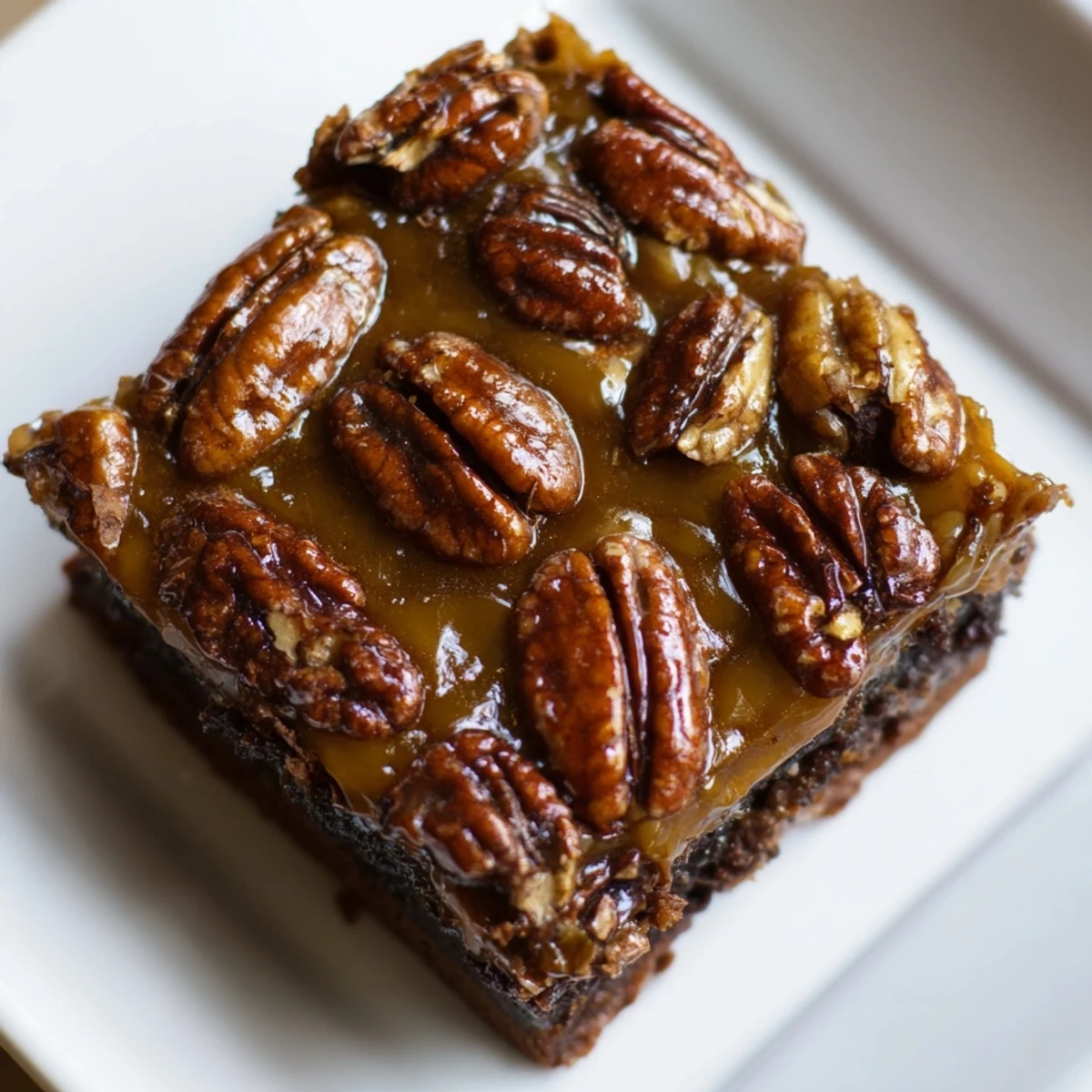 Glossy New Orleans Praline Brownies with Pecans, fudgy and topped with a rich, buttery praline layer for a Southern dessert treat.  