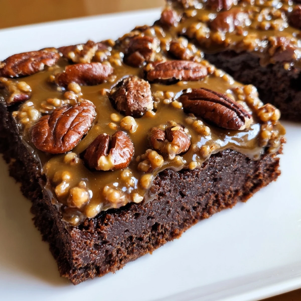 Warm New Orleans Praline Brownies with Pecans, freshly cut to show gooey chocolate layers and crunchy toasted nuts, perfect for serving.  