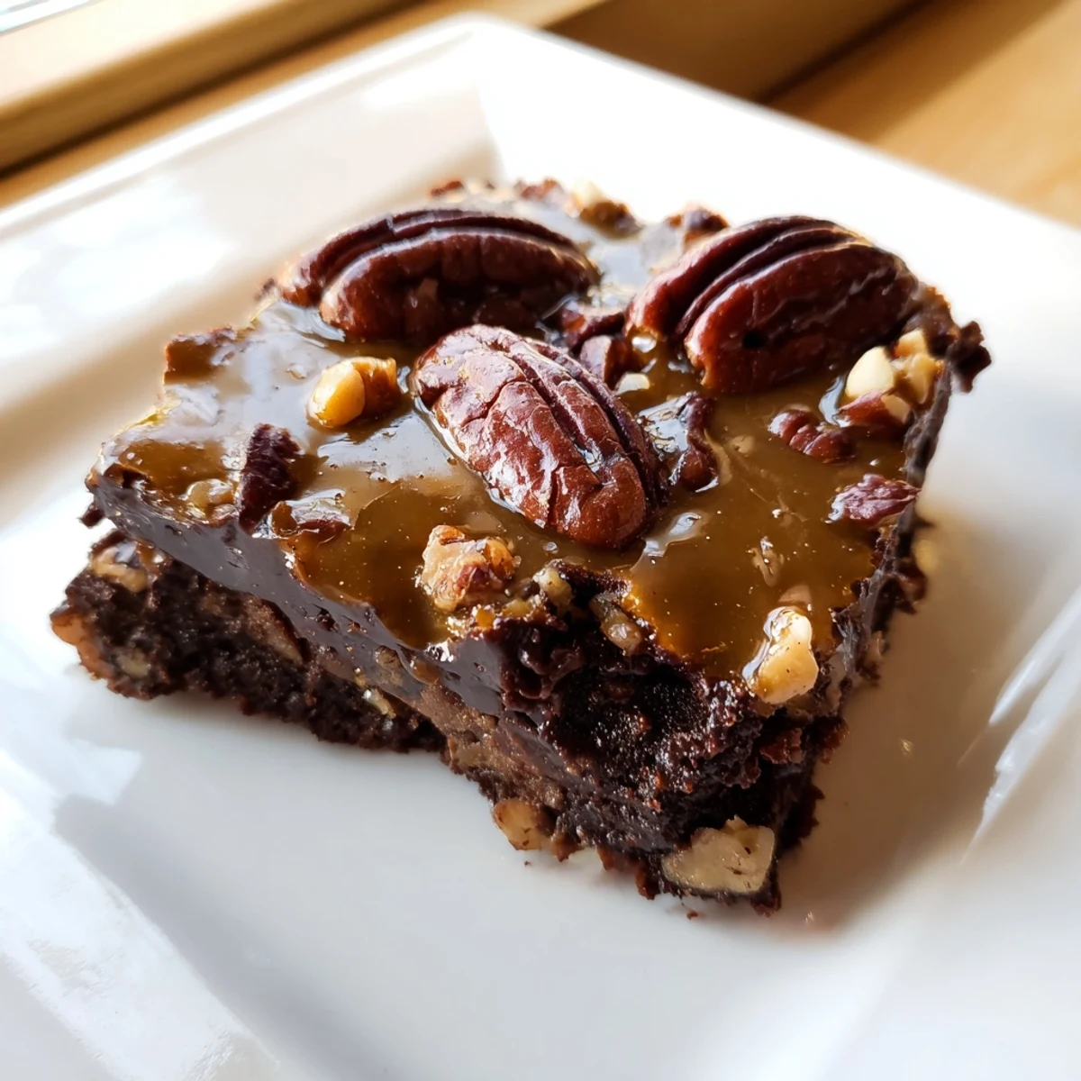 Decadent New Orleans Praline Brownies with Pecans, ready to be enjoyed on a plate, ideal for holiday gatherings or cozy evenings.