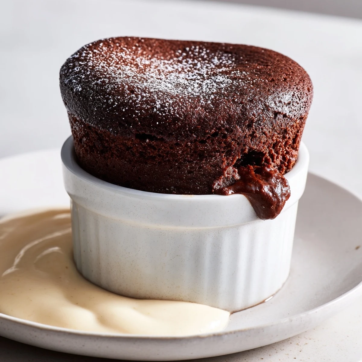 A freshly baked chocolate soufflé rises dramatically in a ramekin, with a side of vanilla crème anglaise ready for drizzling.