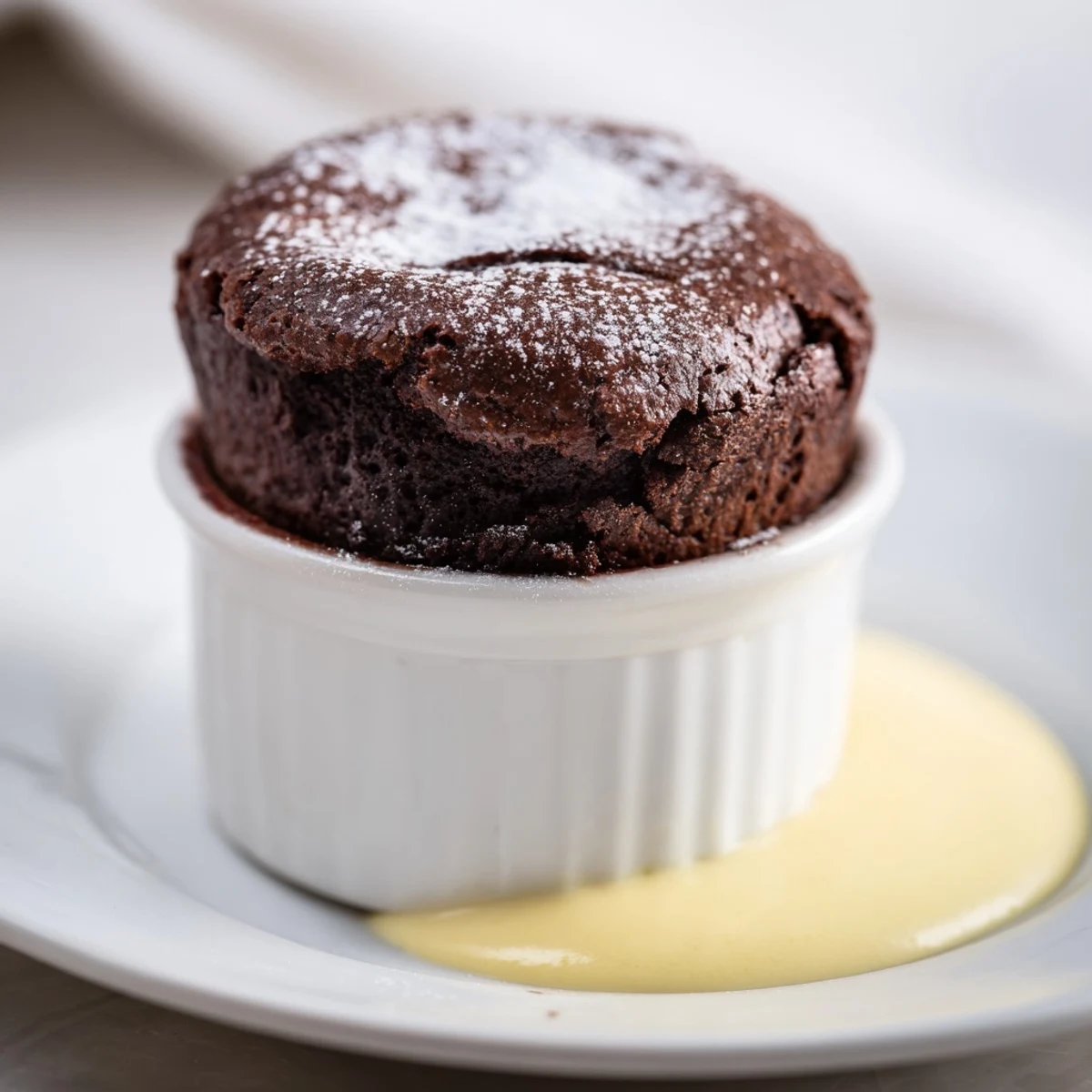 Close-up view of a perfectly risen chocolate soufflé with crème anglaise, highlighting the airy, delicate texture and rich chocolate color.