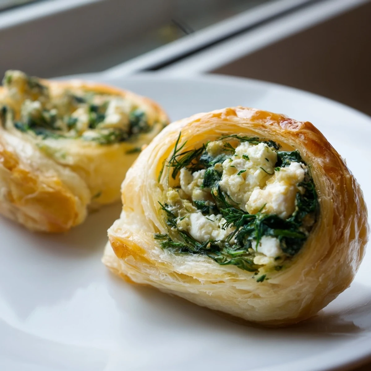 Golden-baked Spinach and Feta Puff Pastry Pinwheels with flaky layers and creamy green filling, arranged on a rustic wooden board.  