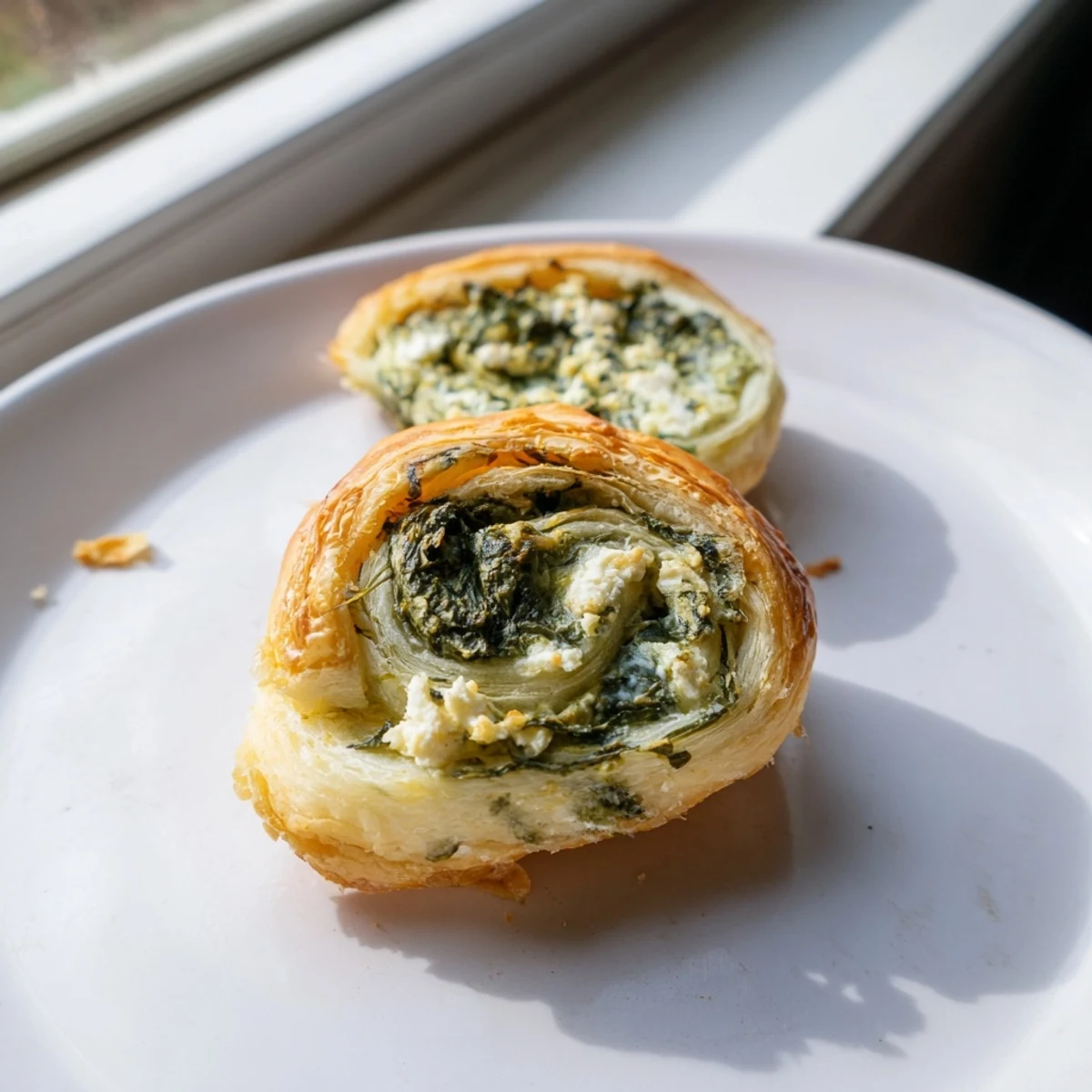 A close-up view of Spinach and Feta Puff Pastry Pinwheels highlighting the vibrant green spinach and crumbled feta inside.