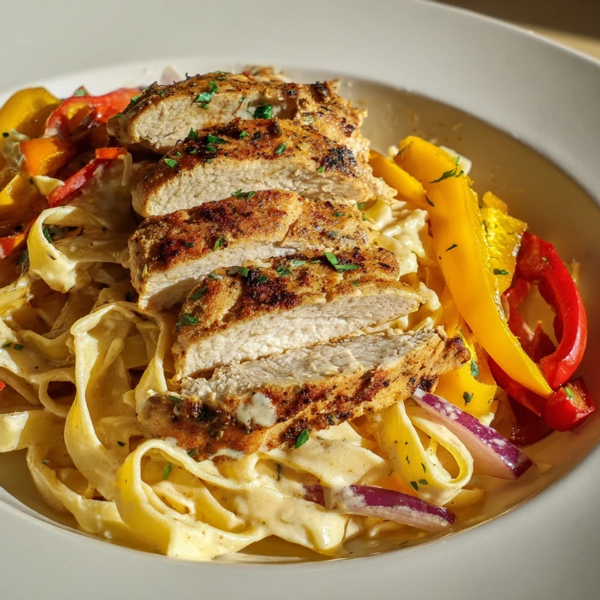 Golden-brown Cajun-spiced chicken slices rest atop creamy fettuccine pasta with vibrant red and yellow bell peppers and fresh parsley.  