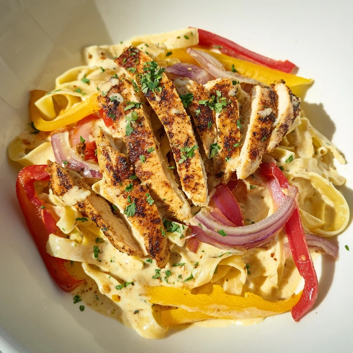 A steaming bowl of Cajun Chicken Pasta reveals its rich, velvety sauce clinging to noodles, garnished with Parmesan and herbs.  