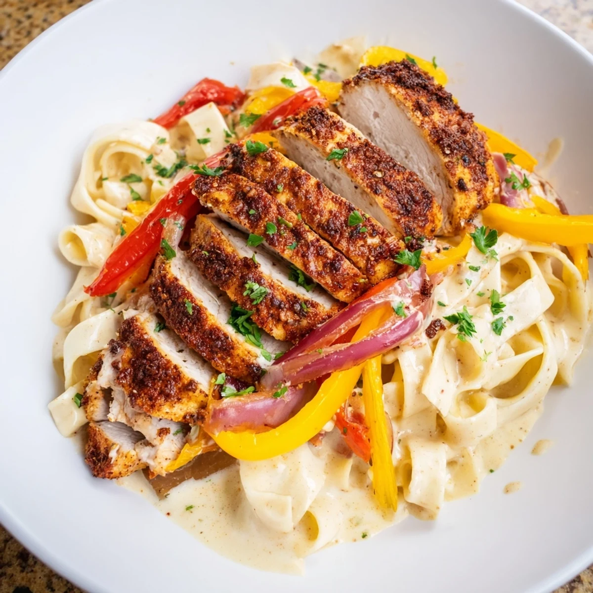 Cajun Chicken Pasta is served hot, featuring tender chicken, sautéed vegetables, and a luscious creamy sauce over fettuccine.