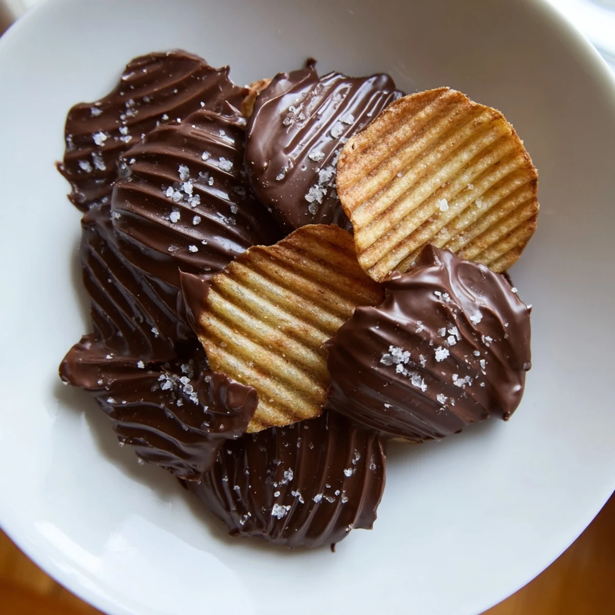 Crinkly kettle-cooked potato chips dipped in glossy melted chocolate, sprinkled with flaky sea salt for a sweet and salty snack.  