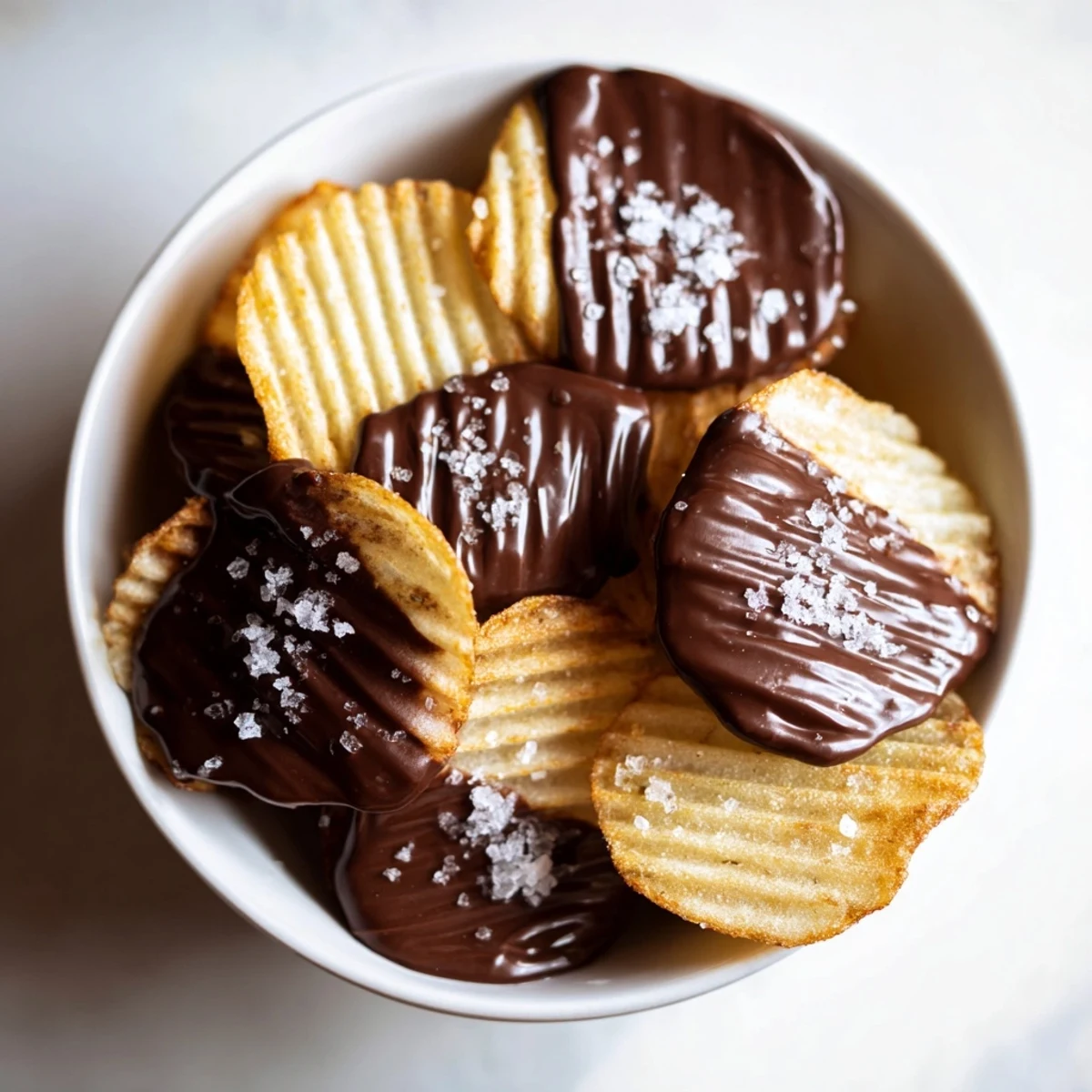 A close-up of chocolate-covered potato chips set on parchment, ready to serve with a tall glass of cold milk.  