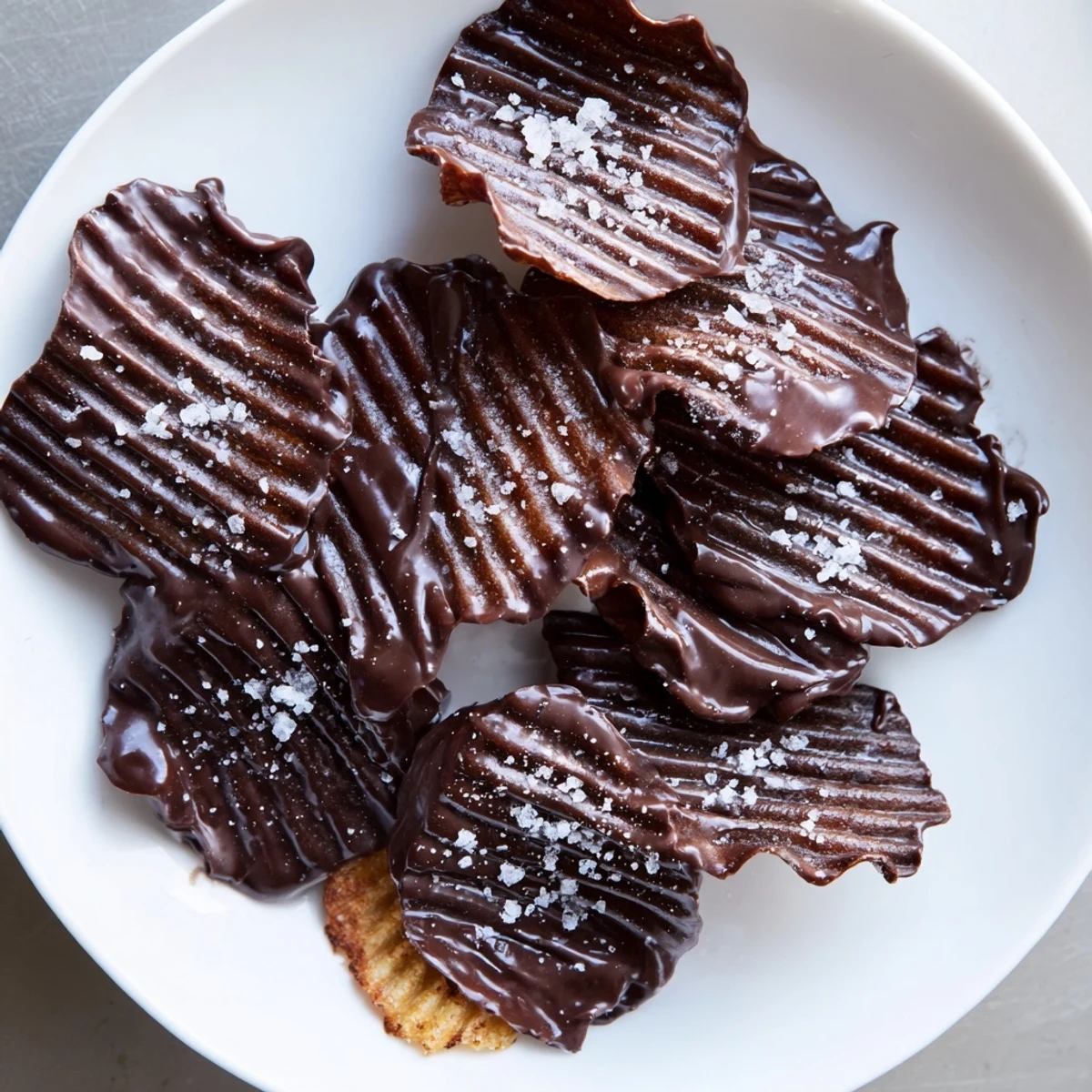Homemade chocolate-covered potato chips with sea salt arranged on a baking sheet for a quick, easy dessert snack.