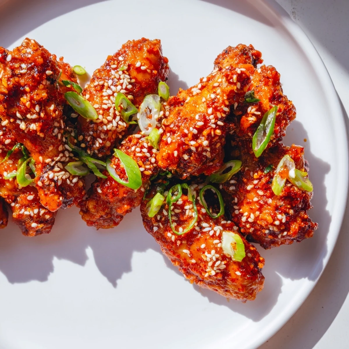 Golden-baked Spicy Sriracha Chicken Wings glisten with sticky glaze and toasted sesame seeds on a rustic wooden platter.