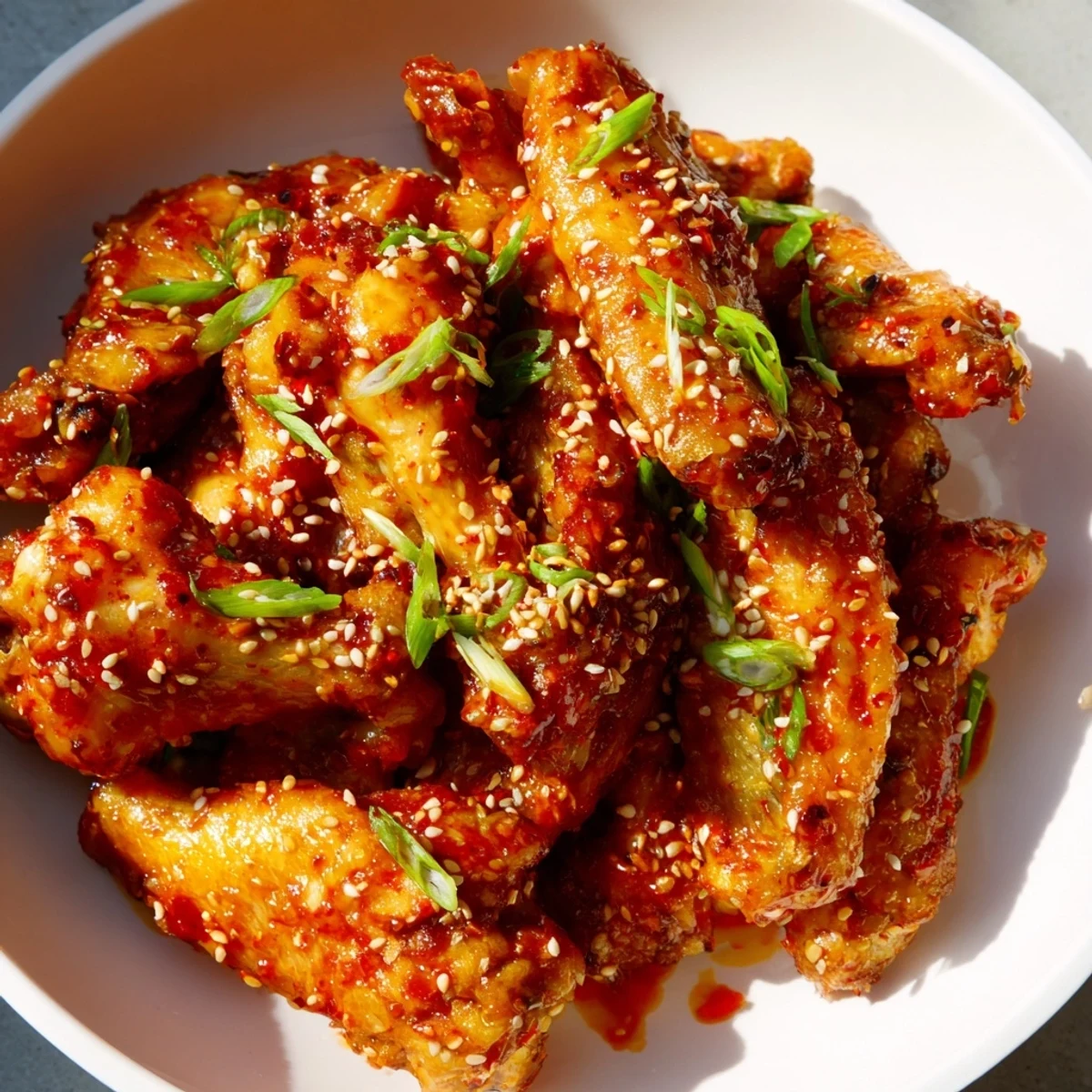 These Spicy Sriracha Chicken Wings are piled high, garnished with green onions and lime wedges for a vibrant appetizer.