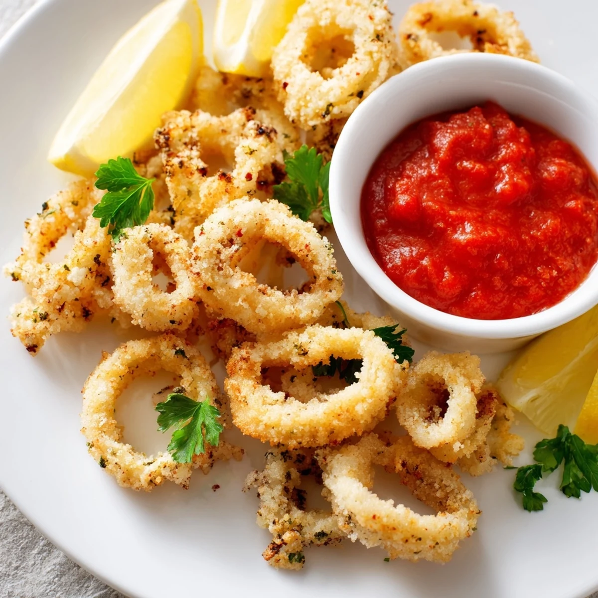 Golden-brown rings of Crispy Calamari with Marinara Dipping Sauce piled high, garnished with fresh parsley and lemon wedges.
