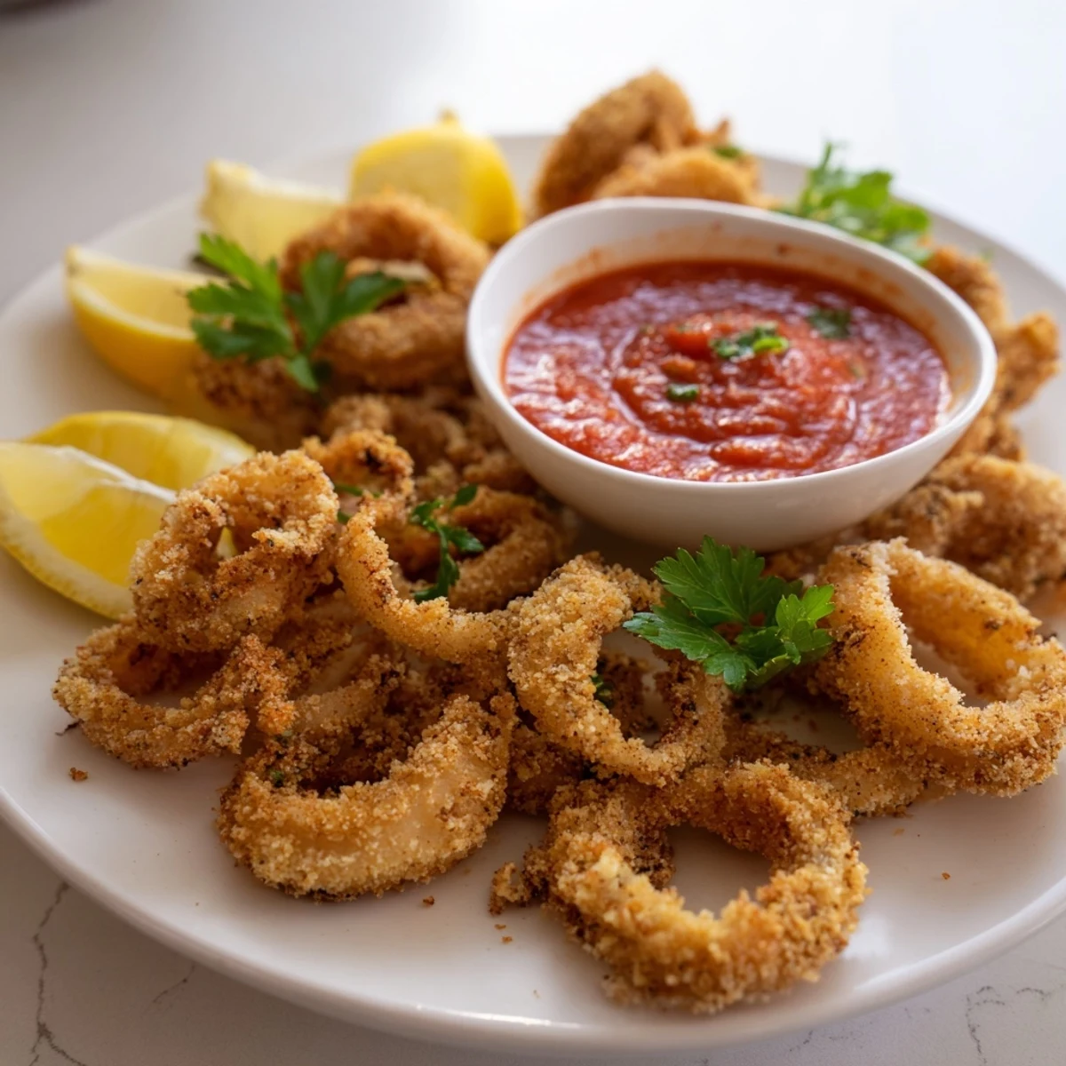 Homemade Crispy Calamari with Marinara Dipping Sauce served on a rustic platter, perfect for an appetizer.