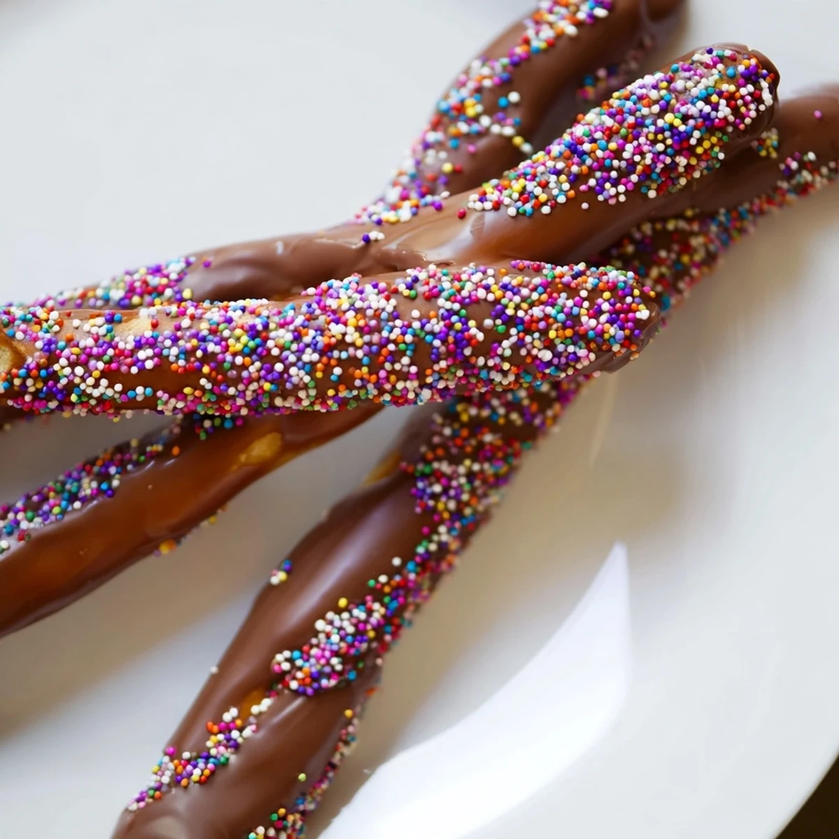 Handheld chocolate covered pretzels with crunchy salt and cheerful pastel sprinkles on a white plate.  