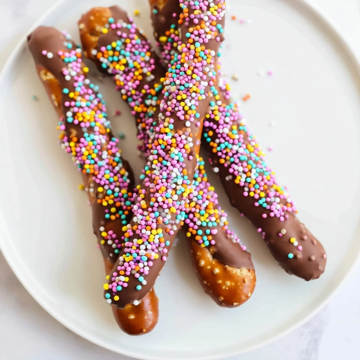 Easy homemade chocolate covered pretzels with smooth coating and pastel sprinkles for gift bags.
