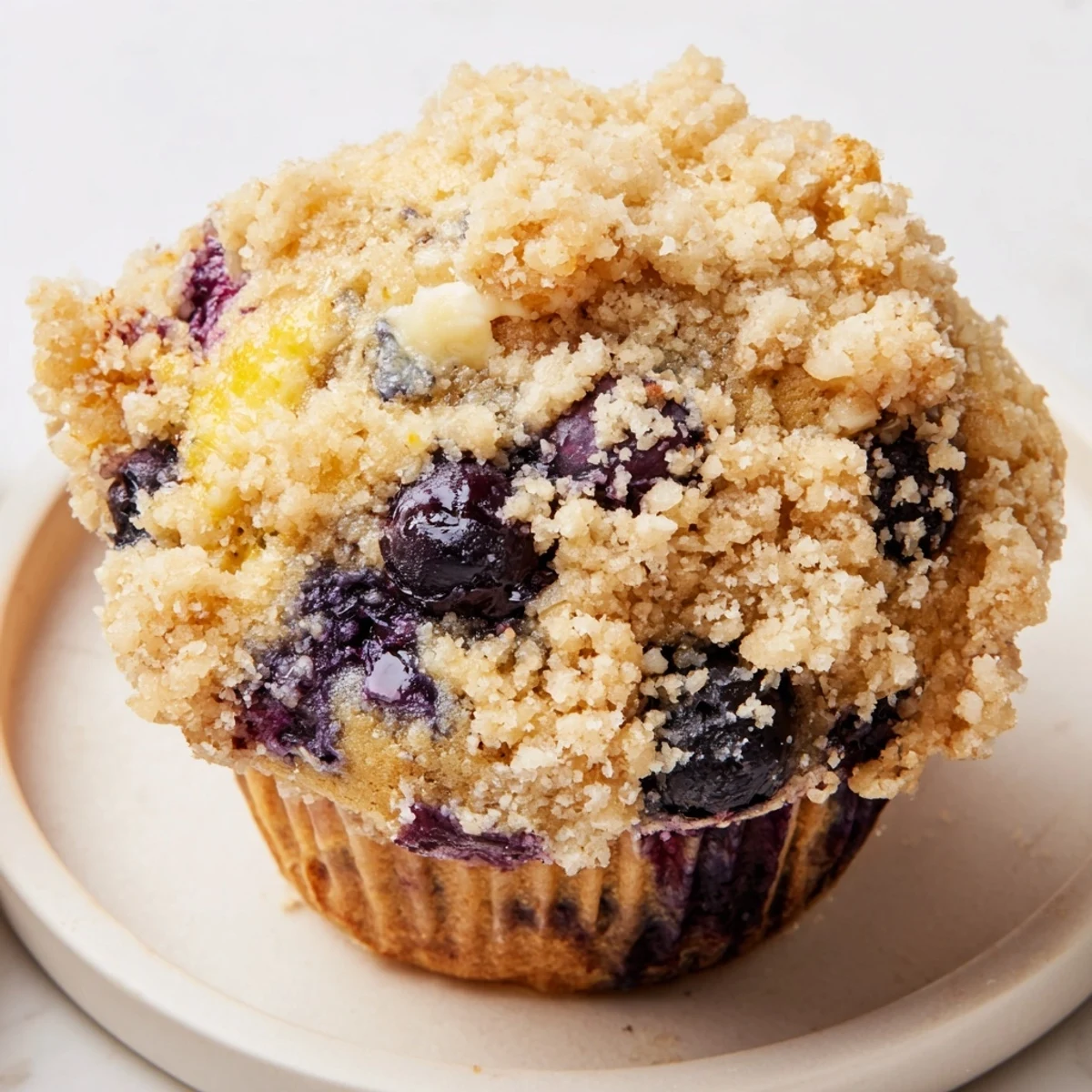 Freshly baked Lemon Blueberry Muffins with Streusel on a cooling rack, showcasing golden-brown crumbly tops and vibrant blueberries peeking through the muffins.