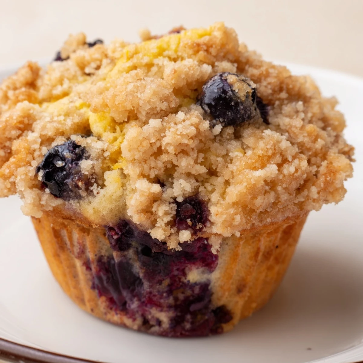 Golden-brown Lemon Blueberry Muffins with Streusel arranged on a white ceramic plate, highlighting the juicy blueberry filling and sugary streusel topping.