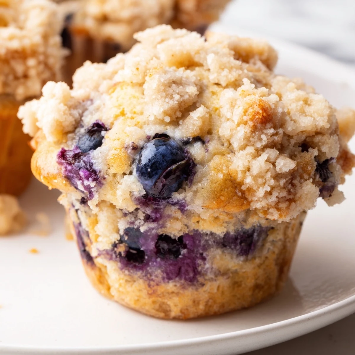 A close-up of a warm Lemon Blueberry Muffin with Streusel, revealing a fluffy interior packed with fresh blueberries and bright lemon zest.
