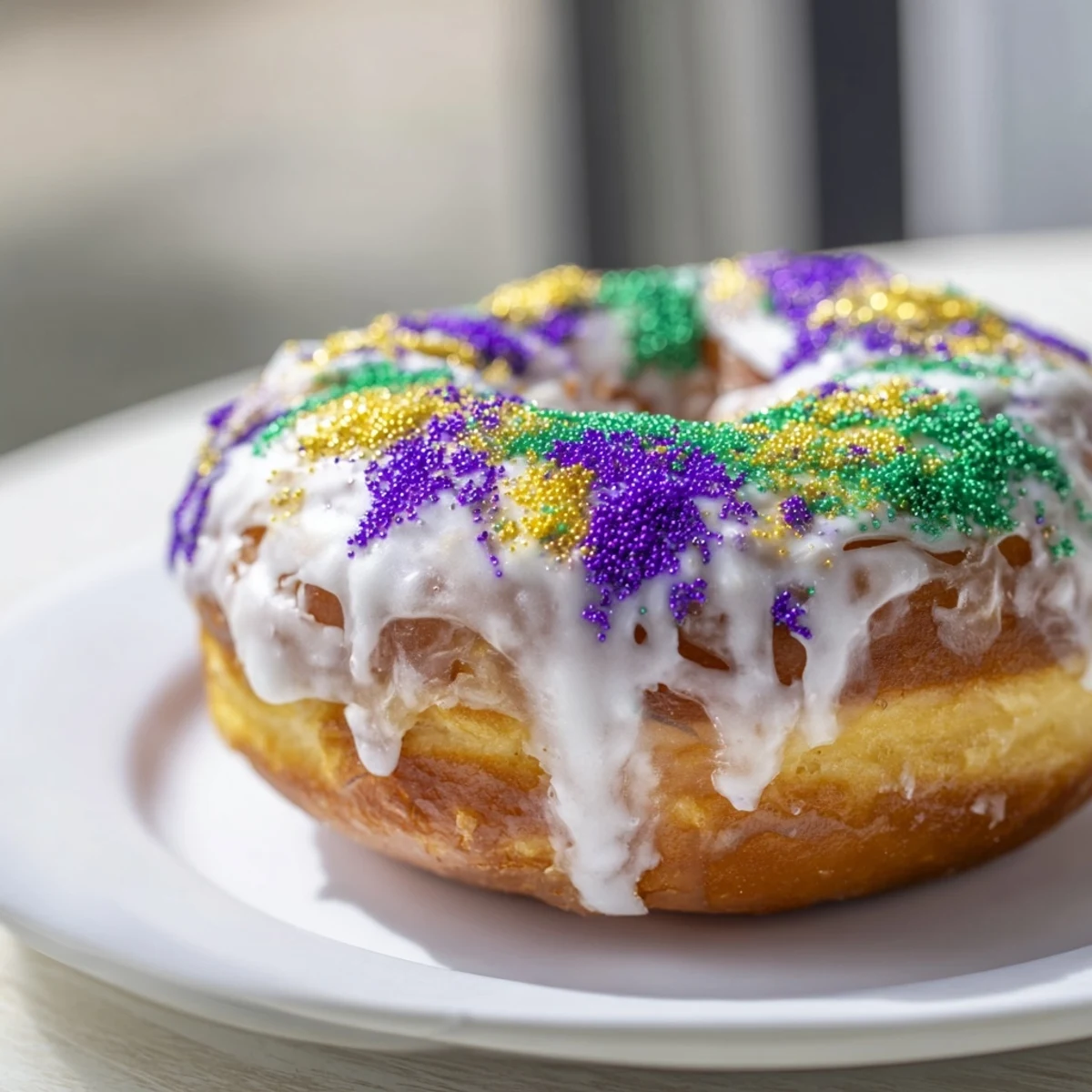 Fluffy Mardi Gras King Cake Donuts with vibrant purple, green, and gold icing, ready to celebrate.