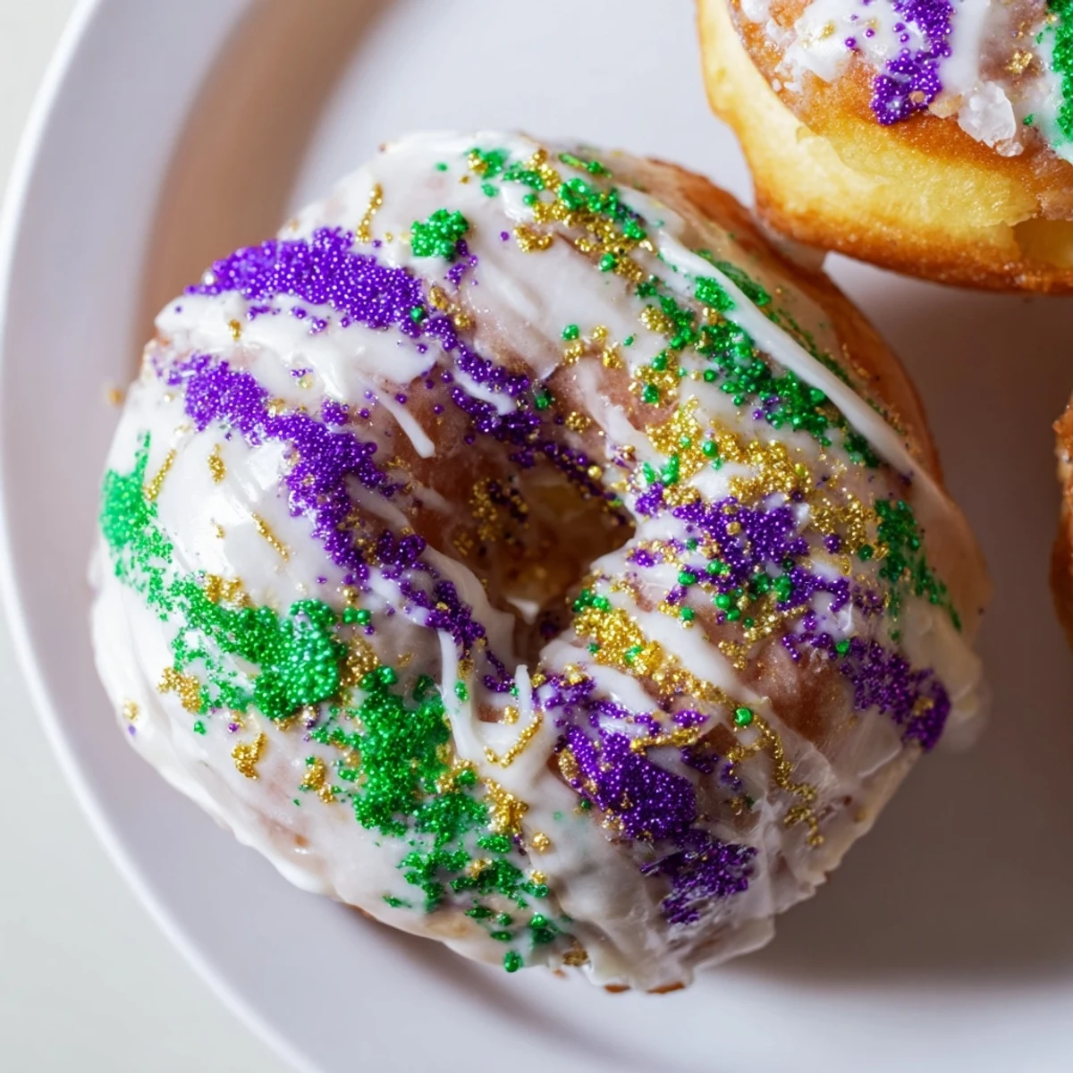 Stack of baked Mardi Gras King Cake Donuts drizzled with glaze and colorful sprinkles.