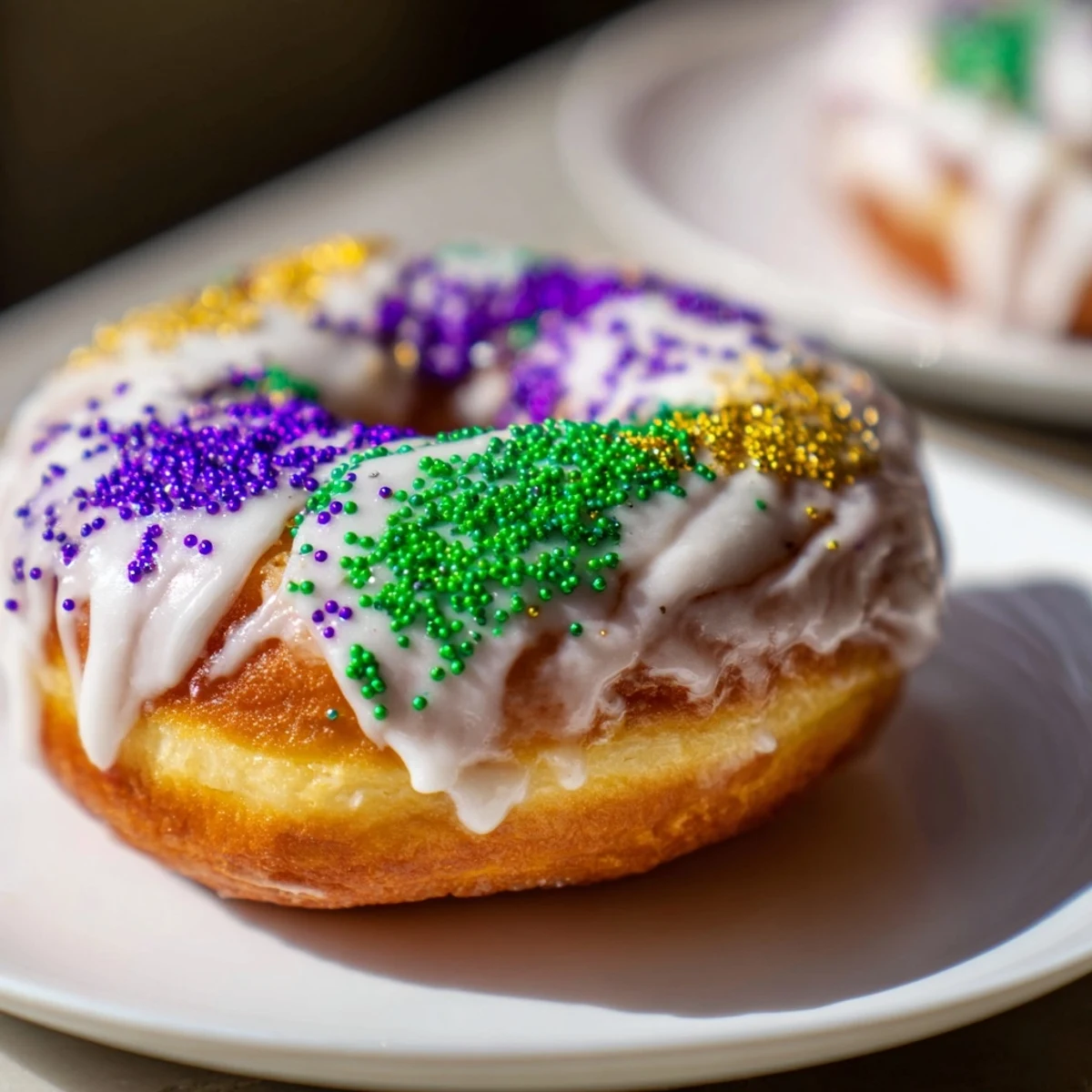 Golden Mardi Gras King Cake Donuts topped with cream cheese filling and festive holiday sugars.