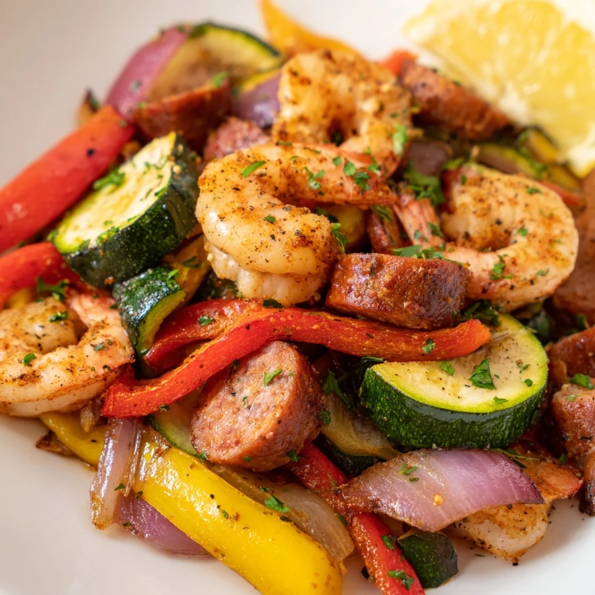 Sizzling skillet of Cajun Shrimp and Sausage with bell peppers, served with lemon wedges.