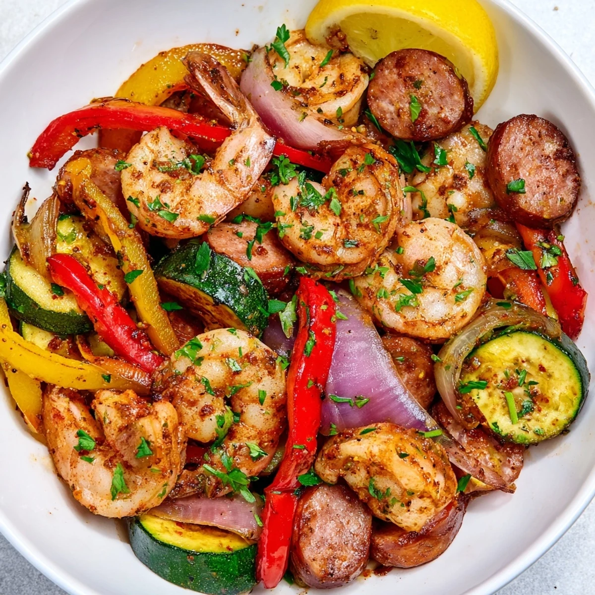 Savory Cajun Shrimp and Sausage Skillet with smoky sausage, shrimp, and colorful veggies.