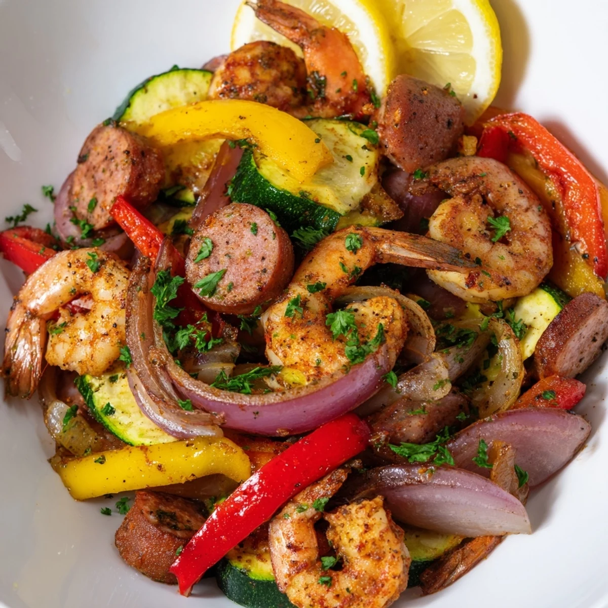 Spicy Cajun Shrimp and Sausage Skillet garnished with parsley, ready for a quick dinner.