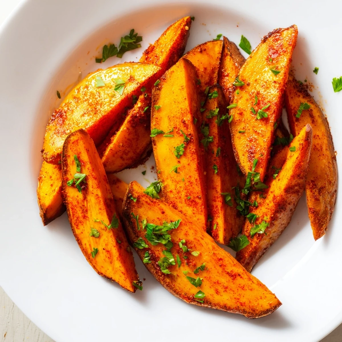 Golden brown roasted sweet potato wedges with paprika garnished with fresh parsley, served alongside lemon wedges.