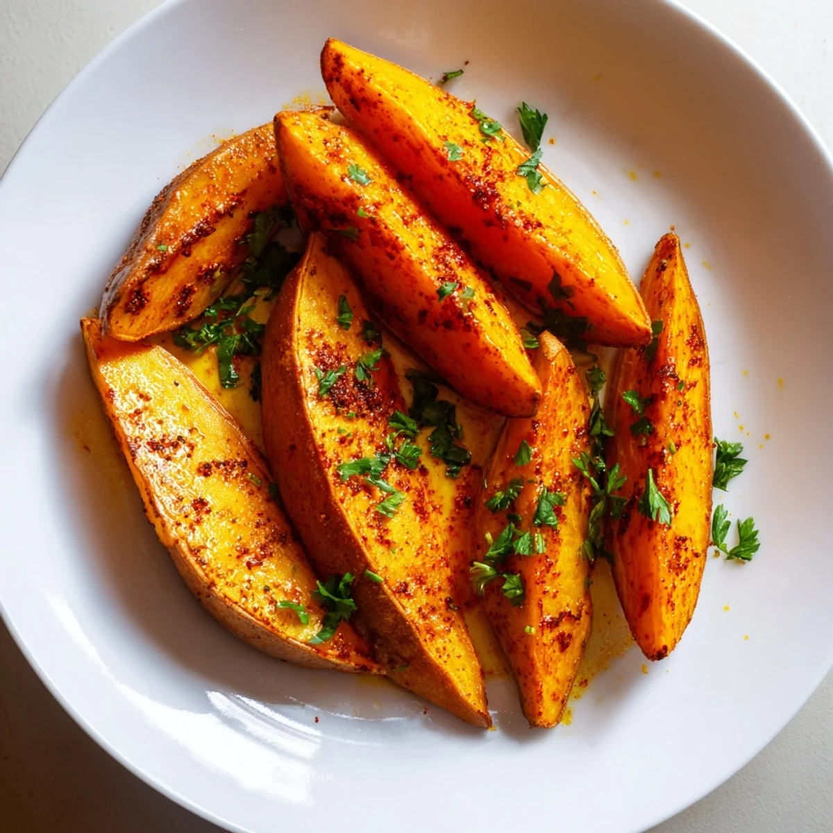 Crispy roasted sweet potato wedges seasoned with smoky paprika and garlic, arranged on a baking sheet.