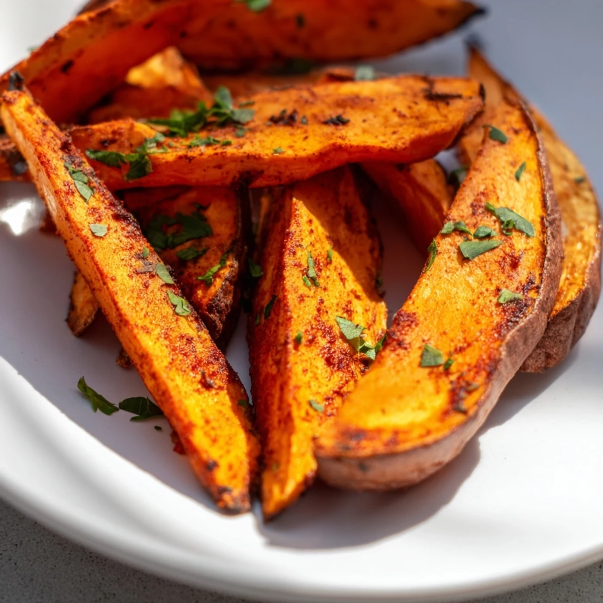 Roasted sweet potato wedges with paprika tossed in olive oil, piled high on a serving platter.