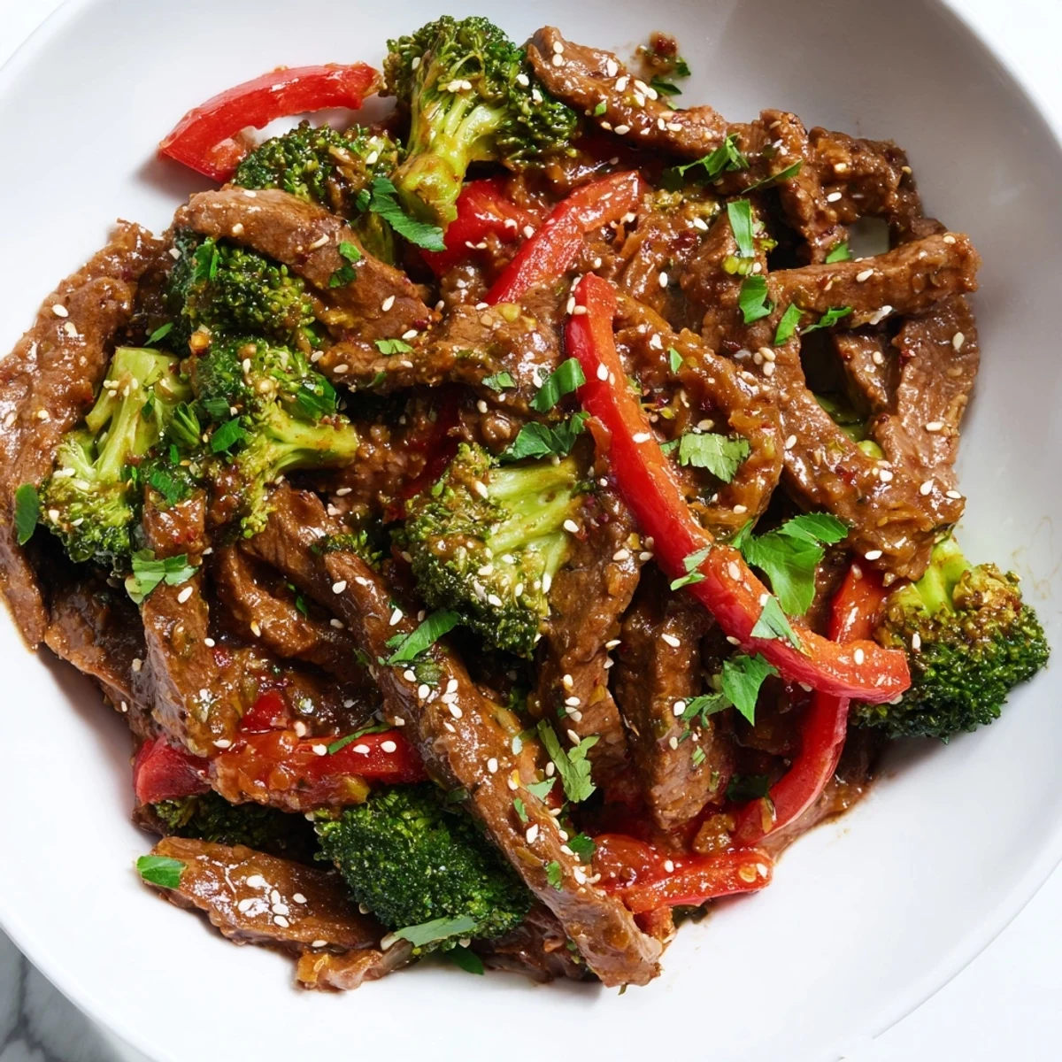A vibrant, fiery plate of Spicy Beef and Broccoli Stir Fry features colorful peppers and green onions over fluffy steamed rice.  